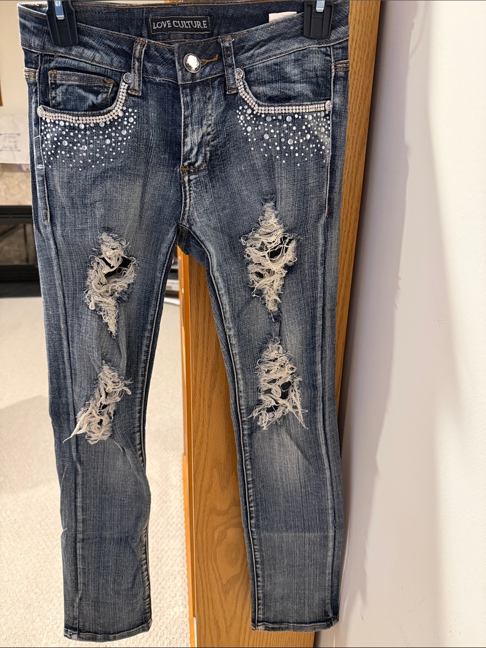 Love Culture Rhinestone Distressed Skinny Jeans - Blue sz 1 Juniors